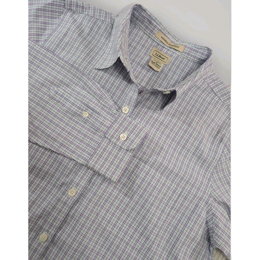 LL Bean Shirt Mens M Purple Blue Plaid Wrinkle Resistant Button Up Cotton